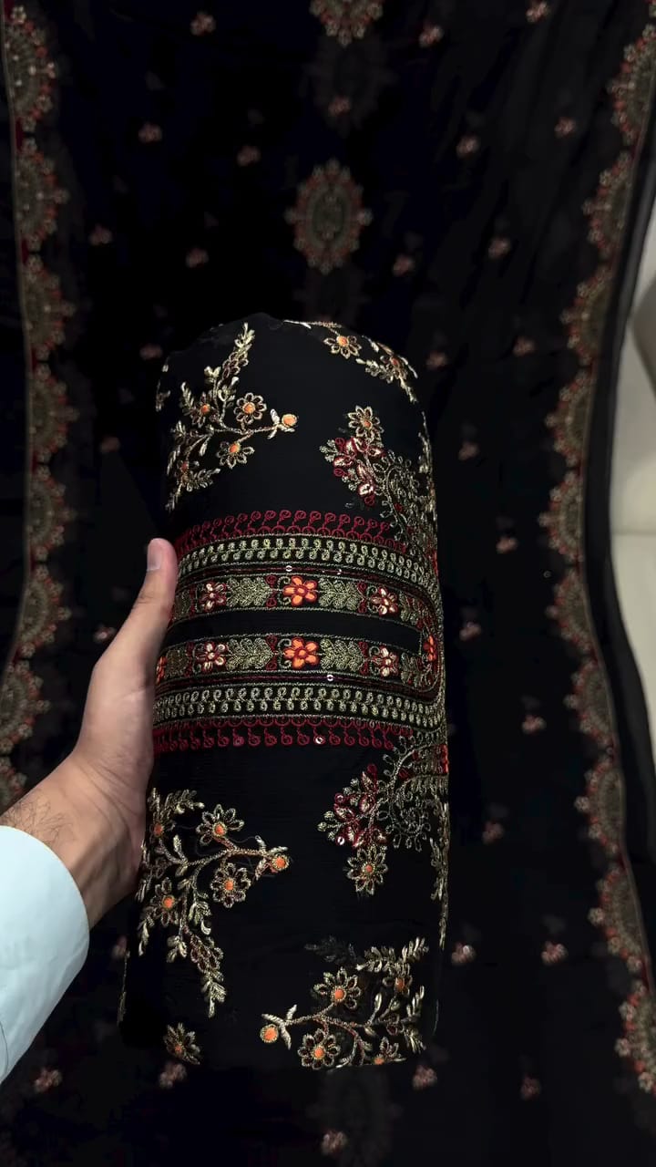 ইন্ডিয়ান শিফন জর্জেট ৪ পিস সেট - Unstitched - Black